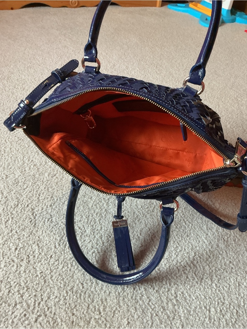 Cole Haan Navy Patent leather shoulder Bag with Orange Lining. - Picture 3 of 5